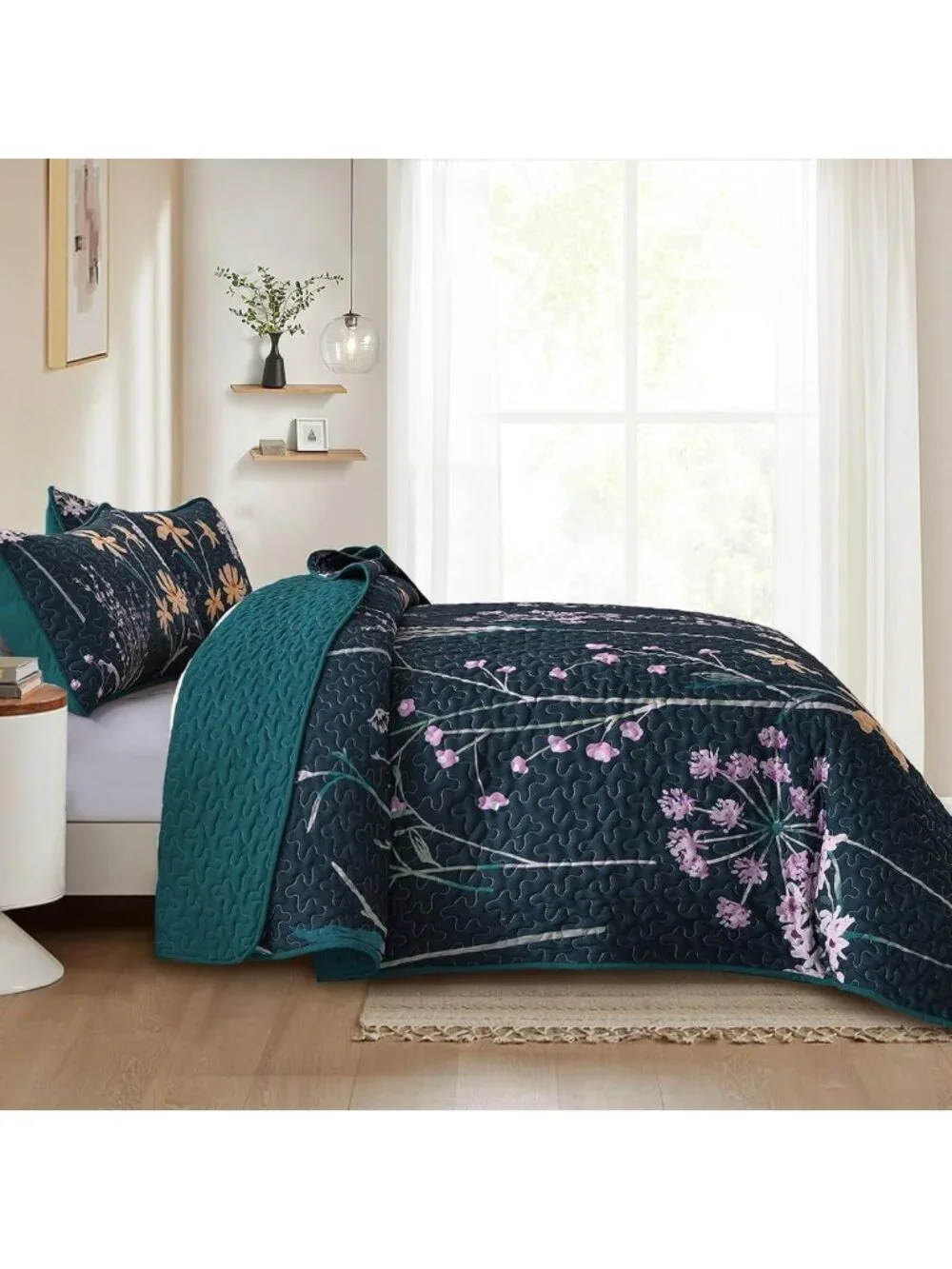 King Size Floral Quilt Set - Dark Green Botanical Bedspread for Cozy Bedrooms